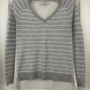 LOFT Women's V-Neck Sweater in Gray and White Stripes